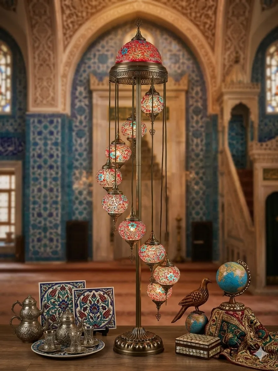 Floor Lamps Turkish 9 Globe Mosaic Standing Lamp with Gold Lampshade