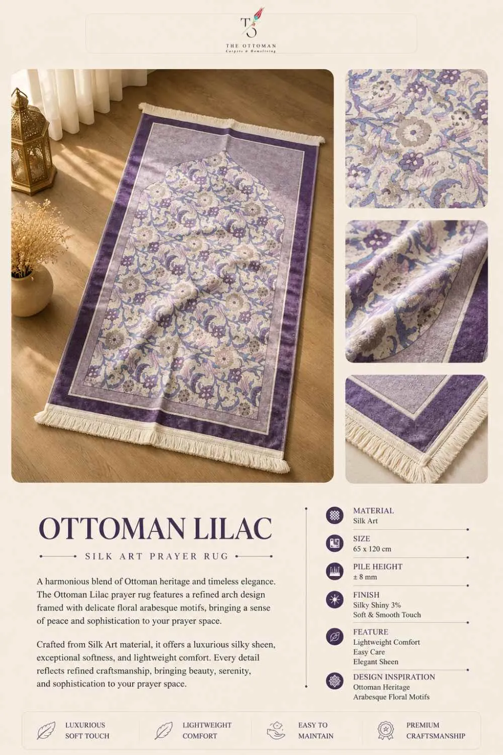 Ottoman Lilac Silk Art Prayer Rug