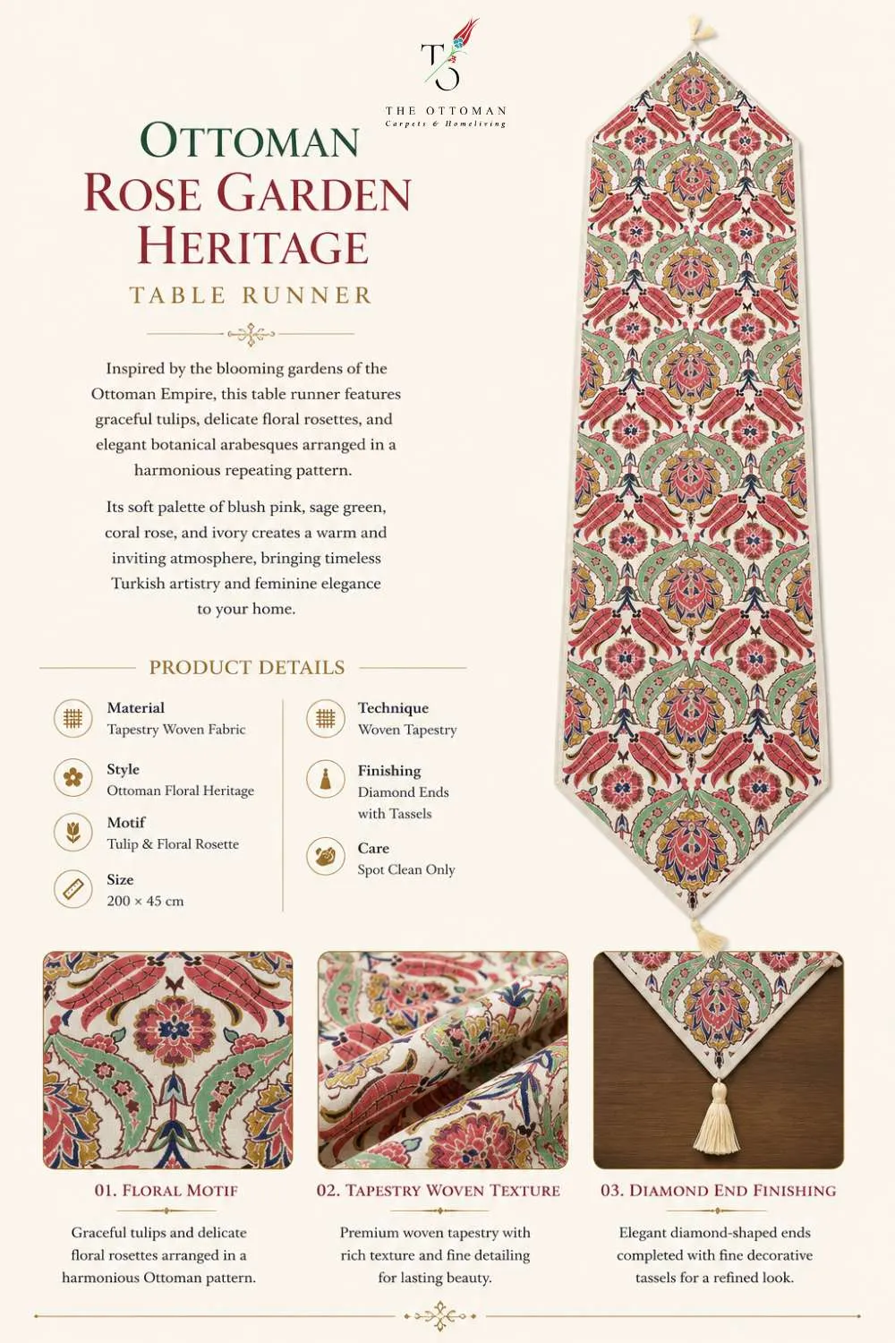 Ottoman Rose Garden Heritage Table Runner
