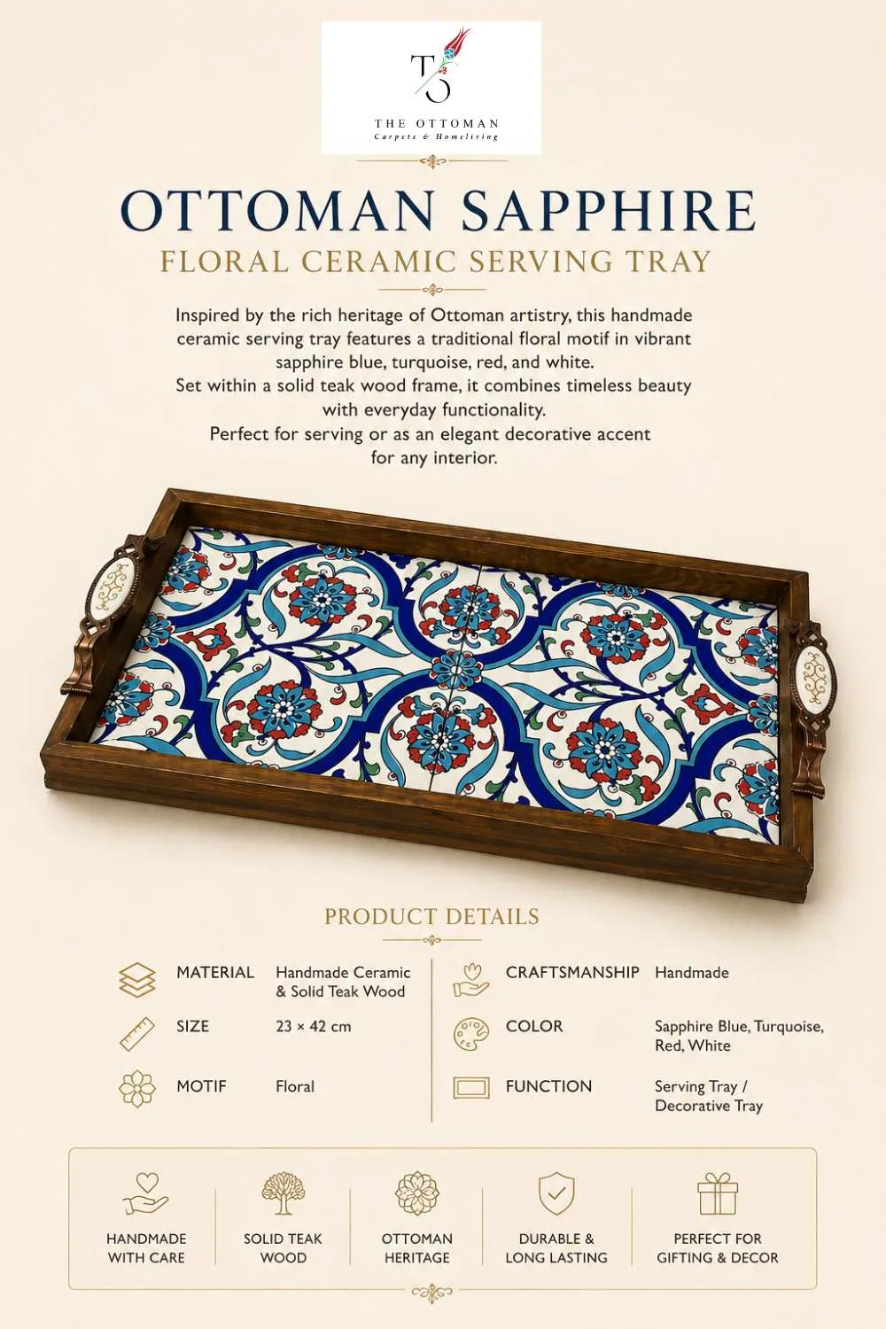 Ottoman Sapphire Floral Ceramic Serving Tray